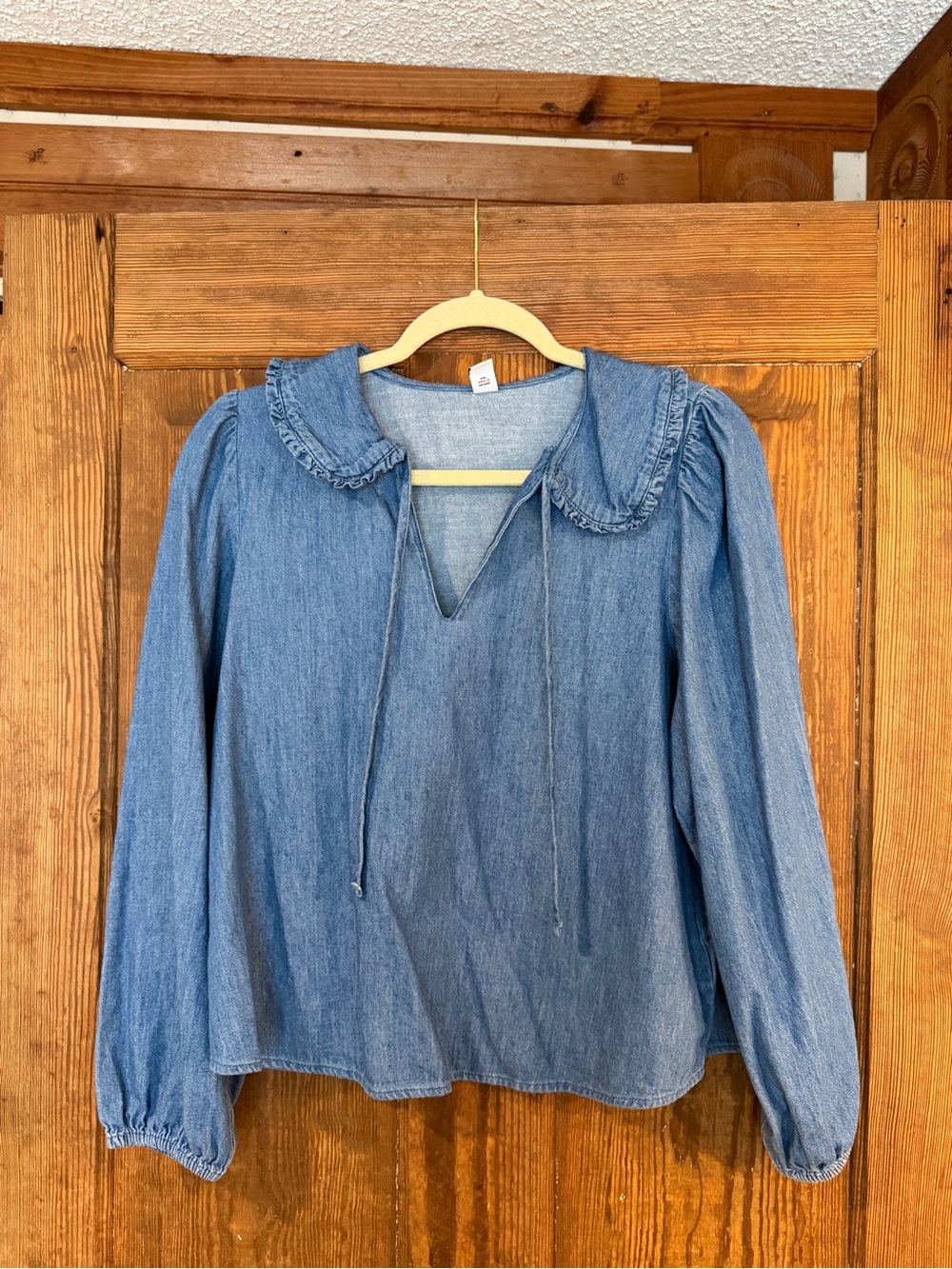 Denim Peasant Blouse with Ruffle Collar - Chambray